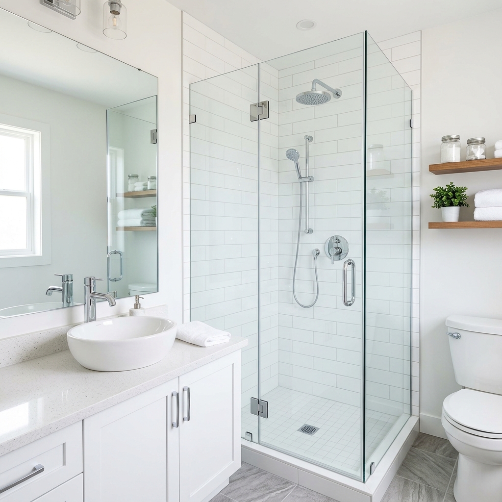 Bathroom after cleaning — sparkling tiles, spotless fixtures, pristine grout
