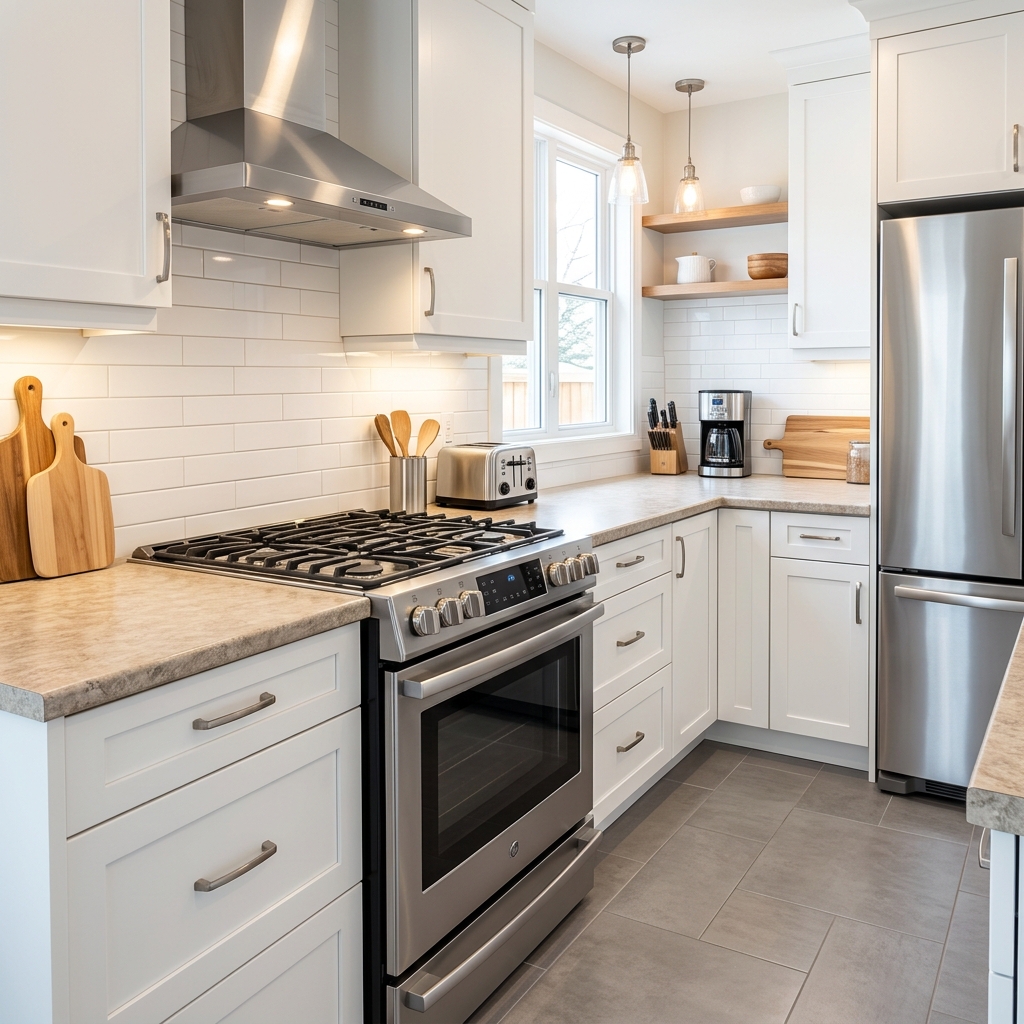 Kitchen after professional deep cleaning — spotless countertops and gleaming appliances