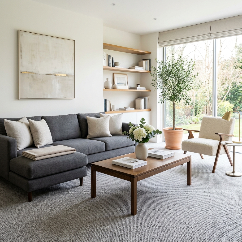 Living room after cleaning — fresh carpet, dust-free surfaces, bright and inviting