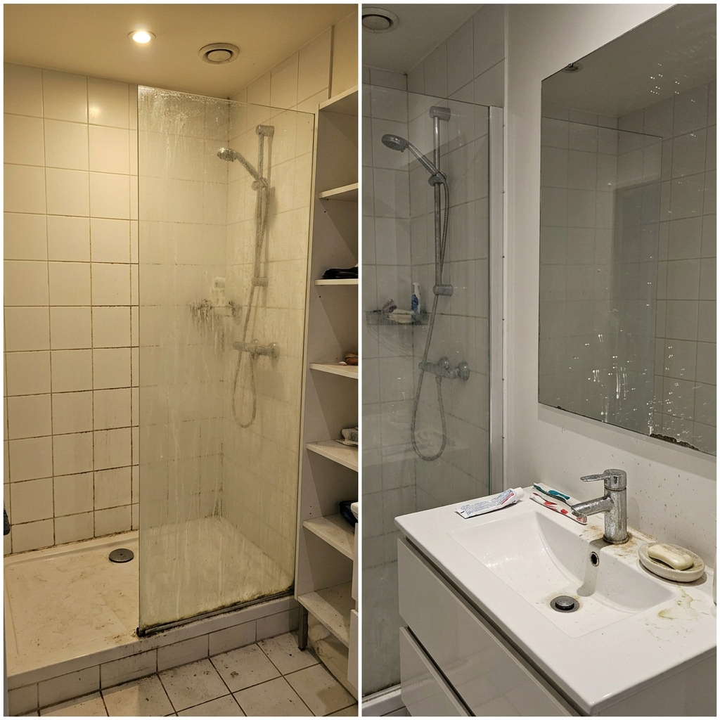 Bathroom before cleaning — soap scum, mold on grout, grimy tiles