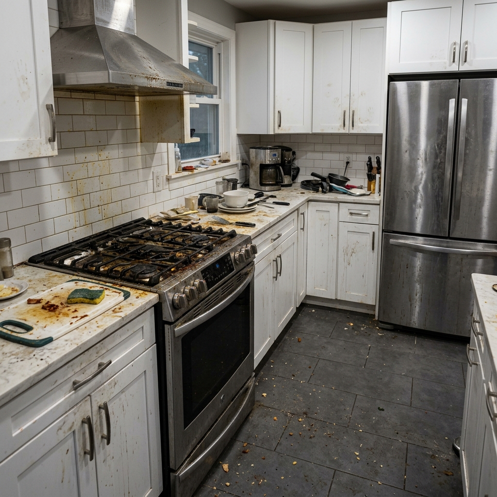 Kitchen before professional deep cleaning — grimy countertops and stovetop