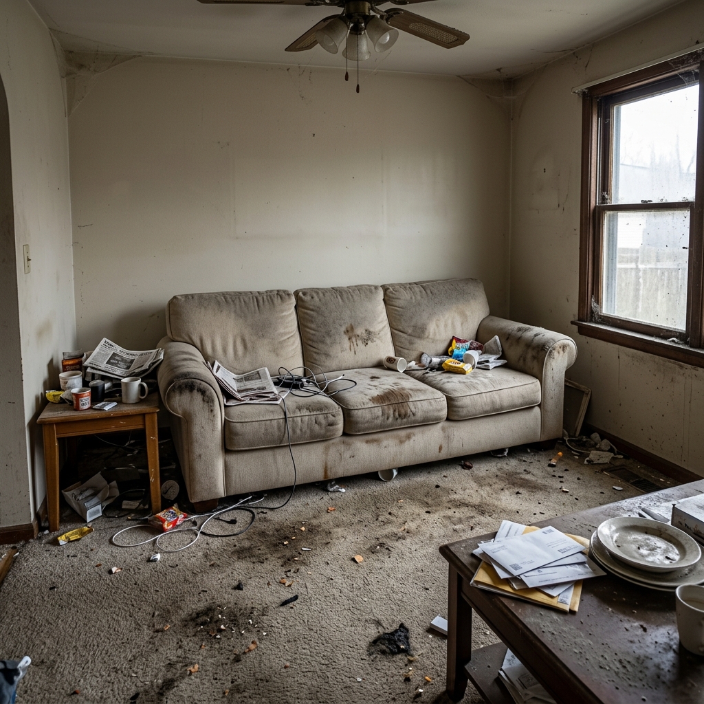 Living room before cleaning — dusty furniture, stained carpet, cluttered surfaces